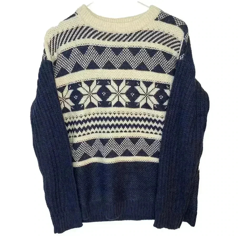 Women’s Cable Stitch Navy Blue Snowflake Alpaca Sweater Size Small